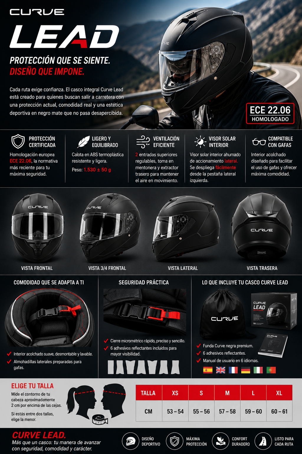 Curve Lead — Casco Integral Moto | ECE 22.06 | Negro Mate
